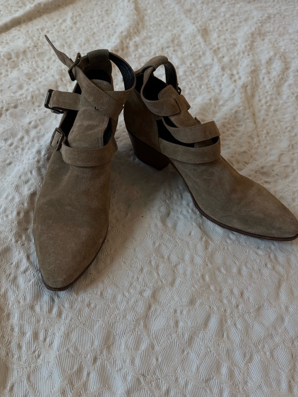 Saint Laurent Taupe Suede Cutout Ankle Booties with Buckle Straps